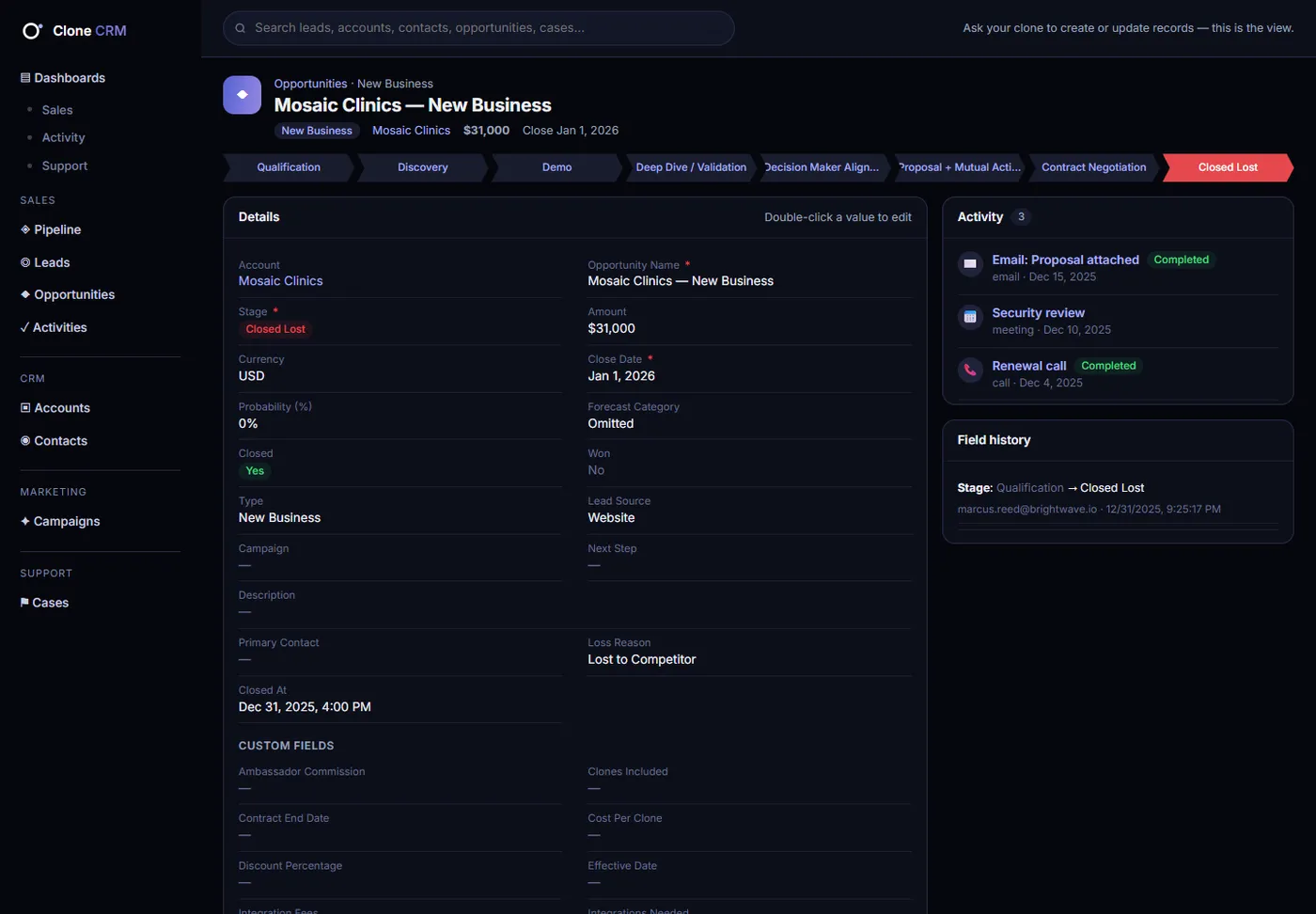 Clone CRM in dark mode
