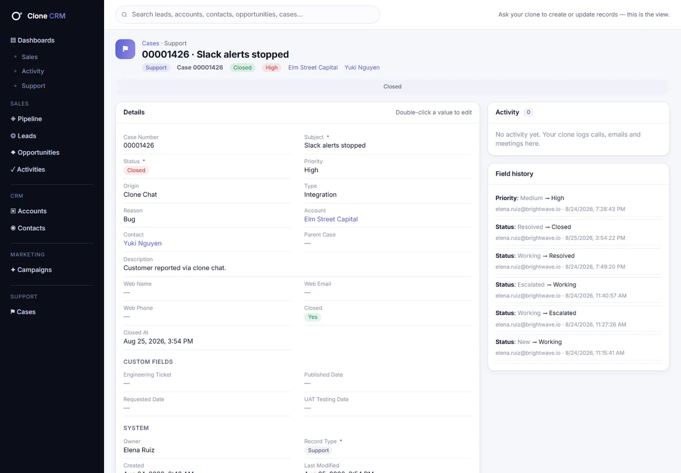 A case with comments, status history and activity