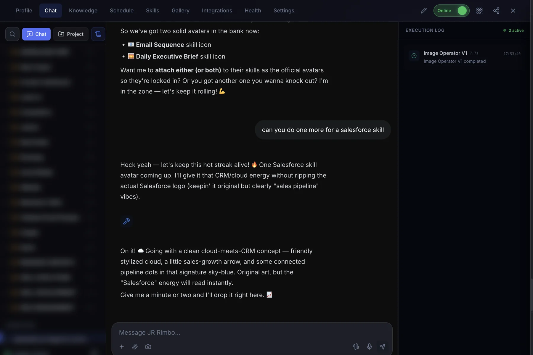Clone Studio chat with the Execution Log showing a skill run completed